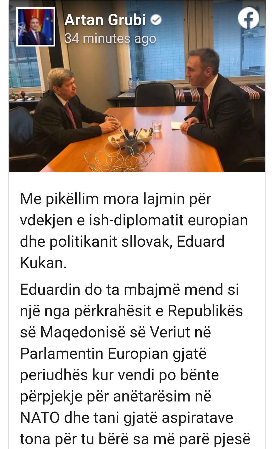 Grubi shpreh ngushëllime për vdekjen e ish-diplomatit europian, Eduard Kukan