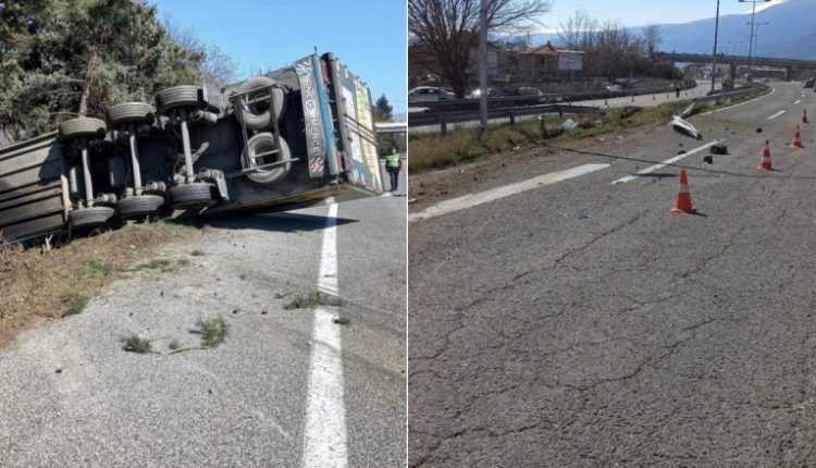 Aksident në hyrje të Tetovës, kamioni humb kontrollin dhe kalon në drejtim të kundërt të autostradës