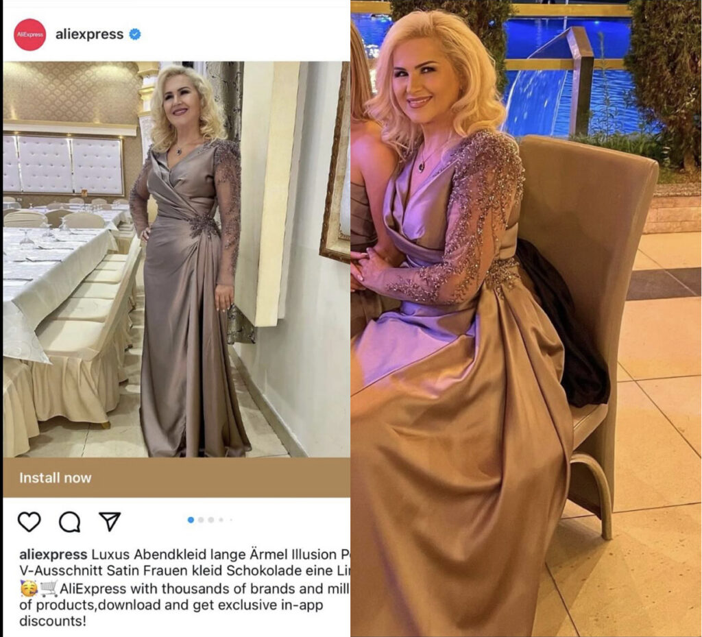 AliExpress përdor foton e Shyhretes për reklamimin e fustaneve